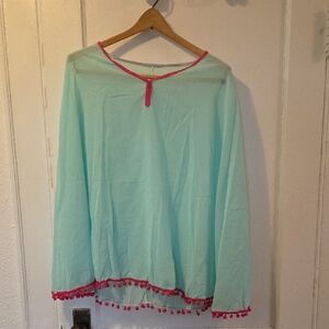 Brybelly Women's Beach Poncho with Pom-Pom Trim - Mint Raspberry